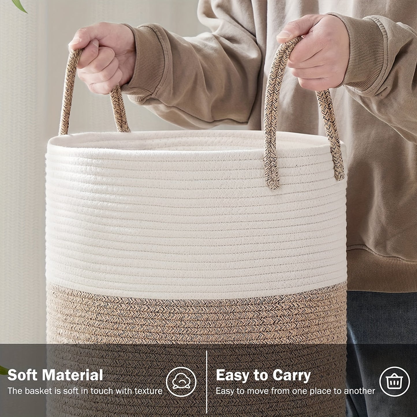 1pc Large Laundry Hamper Basket with Sturdy Handles - Extra Tall 38.1x50.8 cm, Heavy-Duty Storage Organizer with Open-Weave Design for Clothes,, Blankets - Modern Farmhouse Style in Black, Brown, Grey, Beige, White - Ideal fo