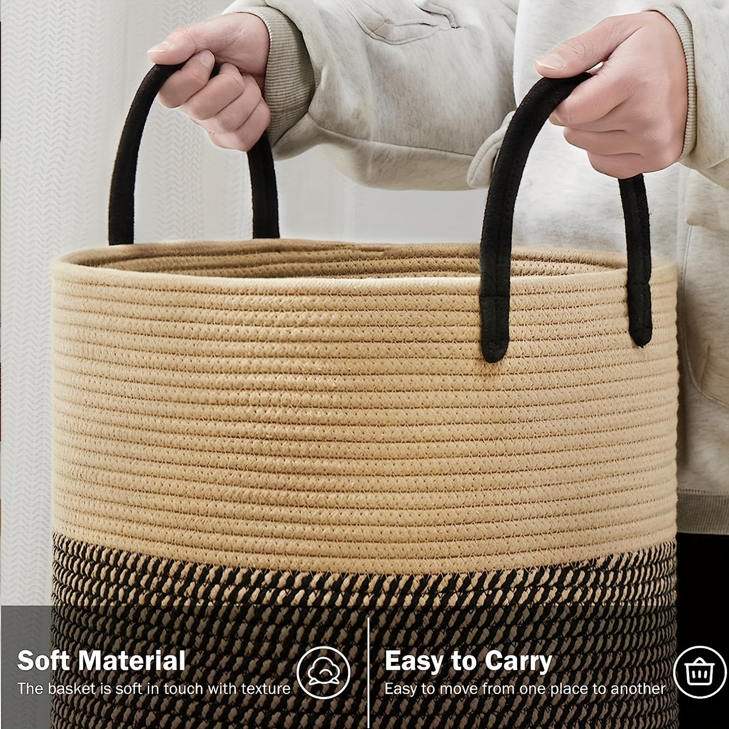 1pc Large Laundry Hamper Basket with Sturdy Handles - Extra Tall 38.1x50.8 cm, Heavy-Duty Storage Organizer with Open-Weave Design for Clothes,, Blankets - Modern Farmhouse Style in Black, Brown, Grey, Beige, White - Ideal fo