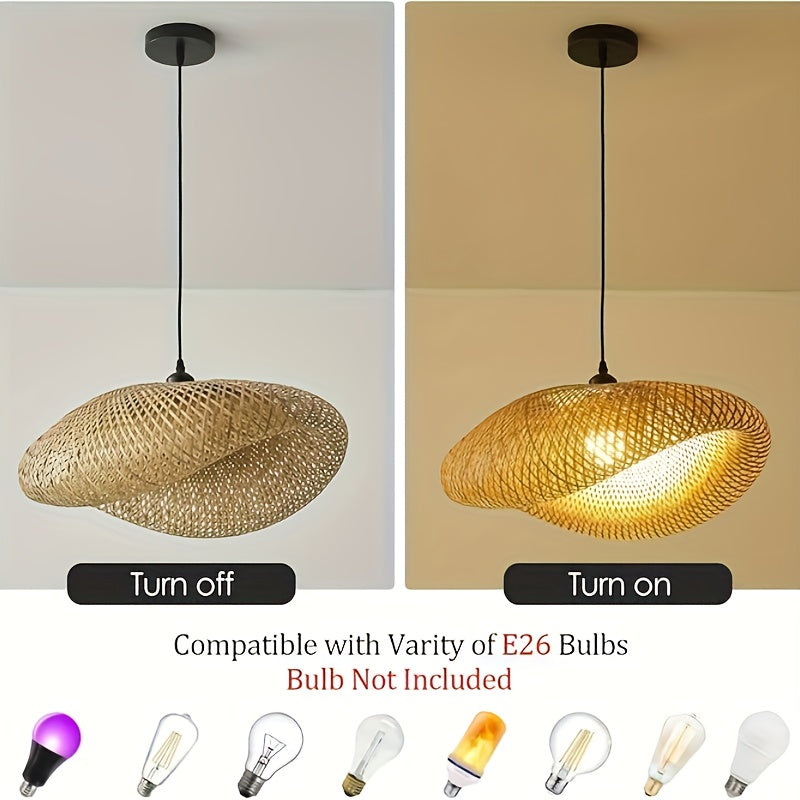 Hand-Woven Conch Bamboo Pendant Light Fixture - Modern Farmhouse Hanging Lamp with Polished Metal Frame, Semi-Flush Mount for Kitchen Island, Dining Room, Bar, Cafe, Living Room - High-Quality Natural Light, No Bulb Included,