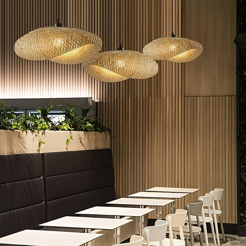 Hand-Woven Conch Bamboo Pendant Light Fixture - Modern Farmhouse Hanging Lamp with Polished Metal Frame, Semi-Flush Mount for Kitchen Island, Dining Room, Bar, Cafe, Living Room - High-Quality Natural Light, No Bulb Included,