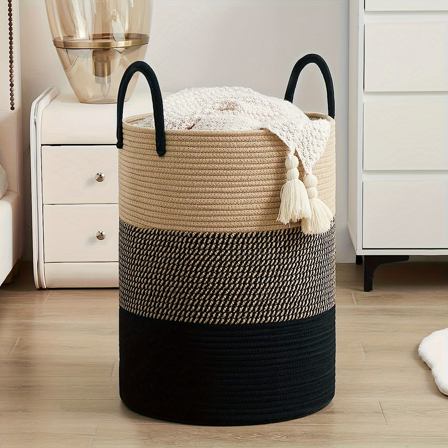 1pc Large Laundry Hamper Basket with Sturdy Handles - Extra Tall 38.1x50.8 cm, Heavy-Duty Storage Organizer with Open-Weave Design for Clothes,, Blankets - Modern Farmhouse Style in Black, Brown, Grey, Beige, White - Ideal fo