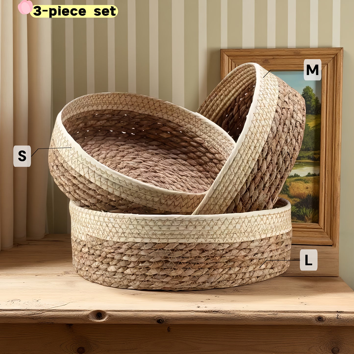 3pcs Set of Large-Capacity Modern And Simple Hand-Woven Storage Baskets, Rattan-Style Storage Baskets, Suitable for Kitchen Storage, Bathroom Storage, Living Room Toy And Snack Storage, Cat Nests, Etc., Are Essential And Good