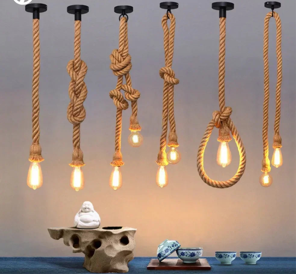 Industrial E27 Vintage Hemp Rope Pendant Lights Attic Personality Indoor Lightings for Loft/Living Room/Bar Pendant Chandelier