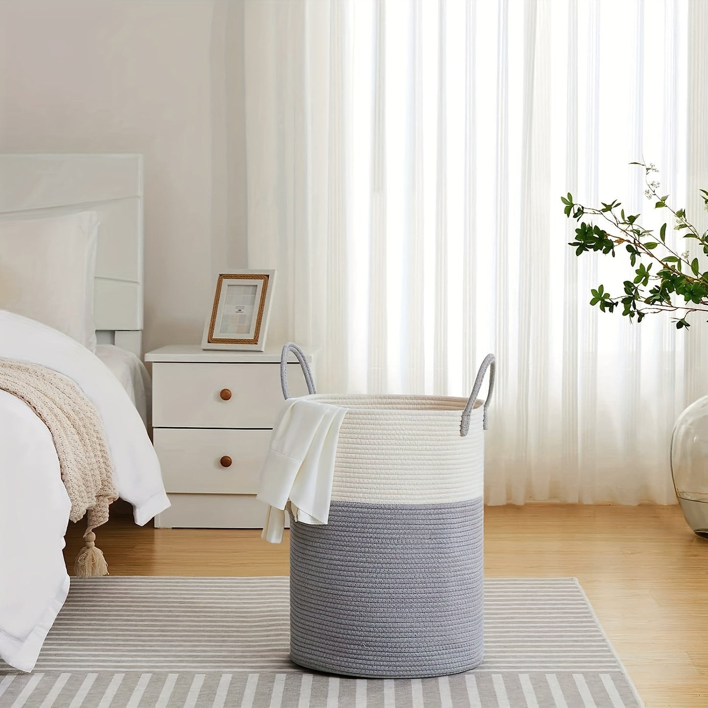 1pc Large Laundry Hamper Basket with Sturdy Handles - Extra Tall 38.1x50.8 cm, Heavy-Duty Storage Organizer with Open-Weave Design for Clothes,, Blankets - Modern Farmhouse Style in Black, Brown, Grey, Beige, White - Ideal fo
