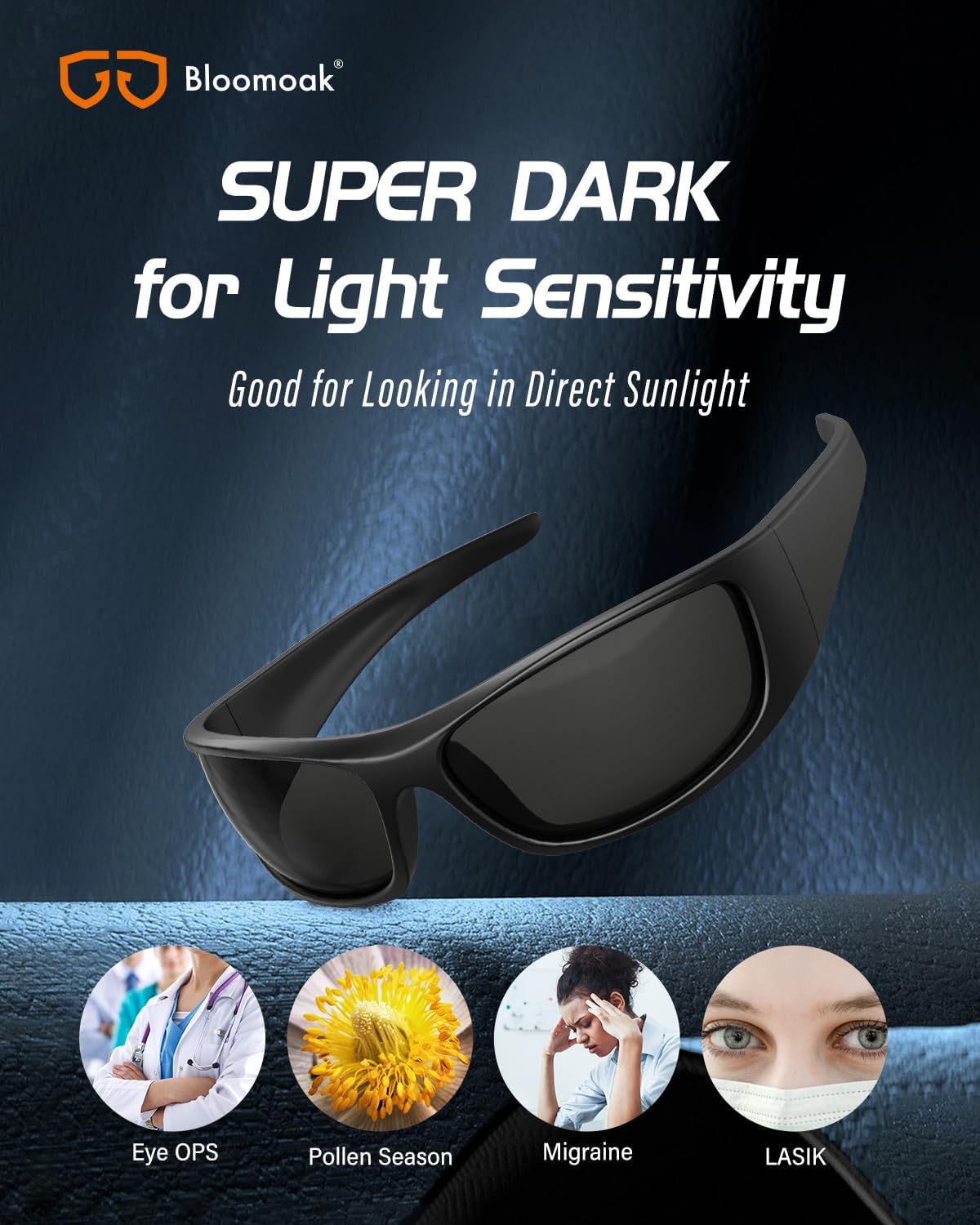 Bloomoak Occhiali da sole polarizzati neri con lenti super scure | Occhiali da sole sportivi avvolgenti unisex | UV400 | CAT 4 | Per fotofobia