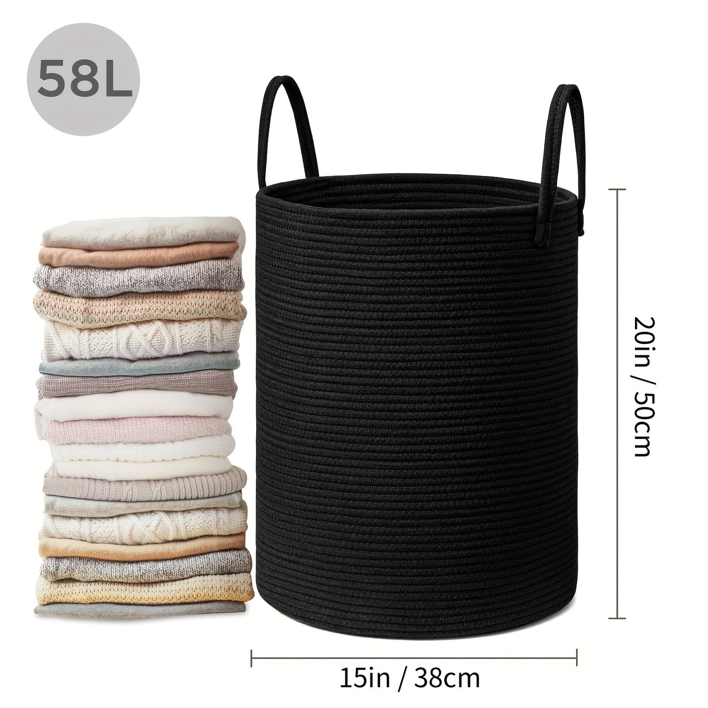 1pc Large Laundry Hamper Basket with Sturdy Handles - Extra Tall 38.1x50.8 cm, Heavy-Duty Storage Organizer with Open-Weave Design for Clothes,, Blankets - Modern Farmhouse Style in Black, Brown, Grey, Beige, White - Ideal fo