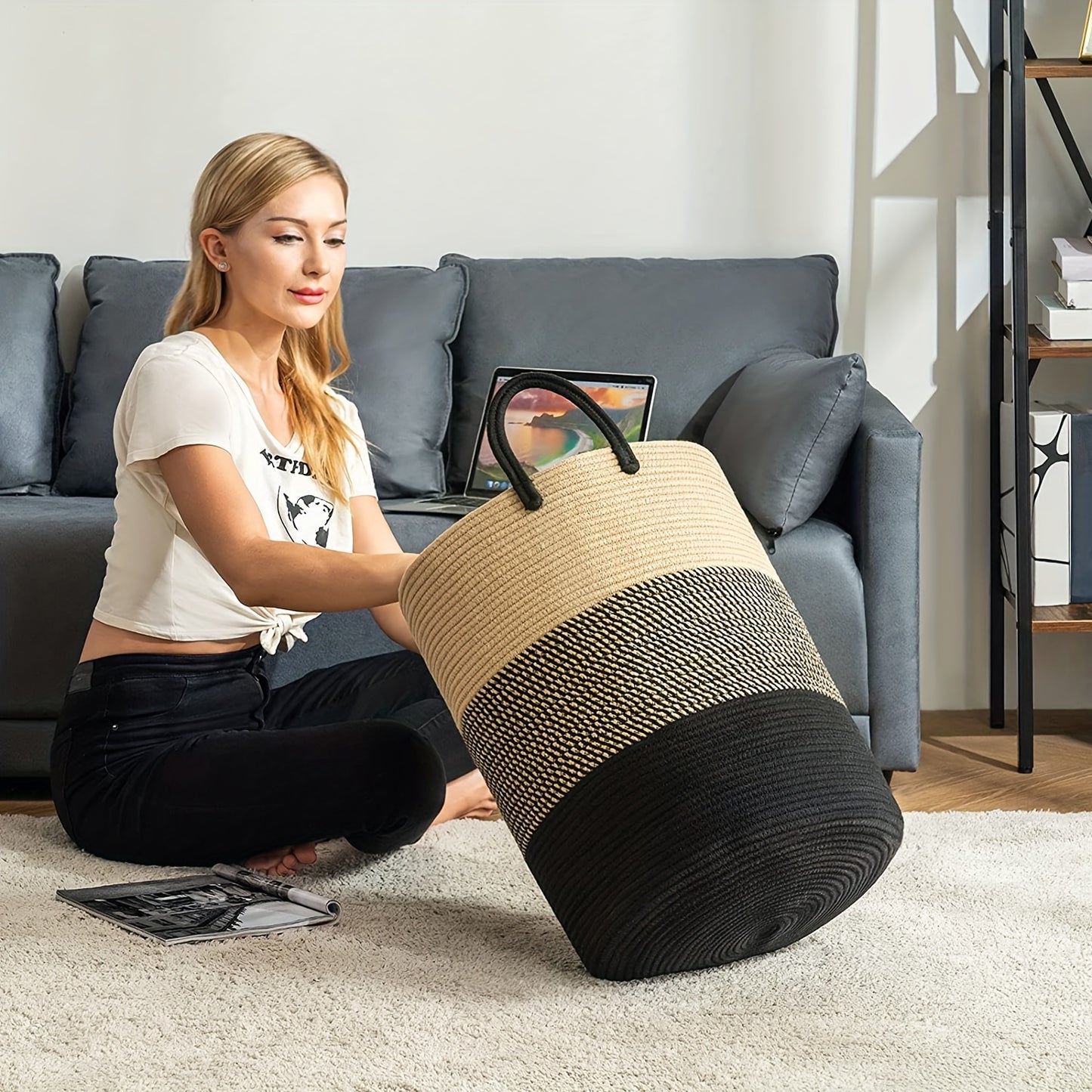 1pc Large Laundry Hamper Basket with Sturdy Handles - Extra Tall 38.1x50.8 cm, Heavy-Duty Storage Organizer with Open-Weave Design for Clothes,, Blankets - Modern Farmhouse Style in Black, Brown, Grey, Beige, White - Ideal fo