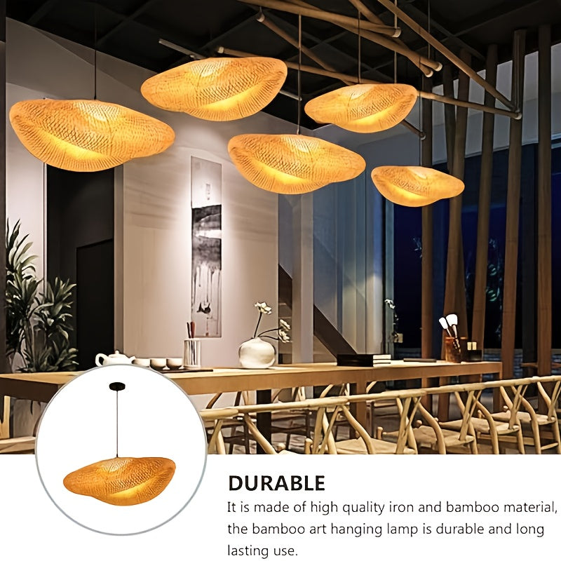 Hand-Woven Conch Bamboo Pendant Light Fixture - Modern Farmhouse Hanging Lamp with Polished Metal Frame, Semi-Flush Mount for Kitchen Island, Dining Room, Bar, Cafe, Living Room - High-Quality Natural Light, No Bulb Included,