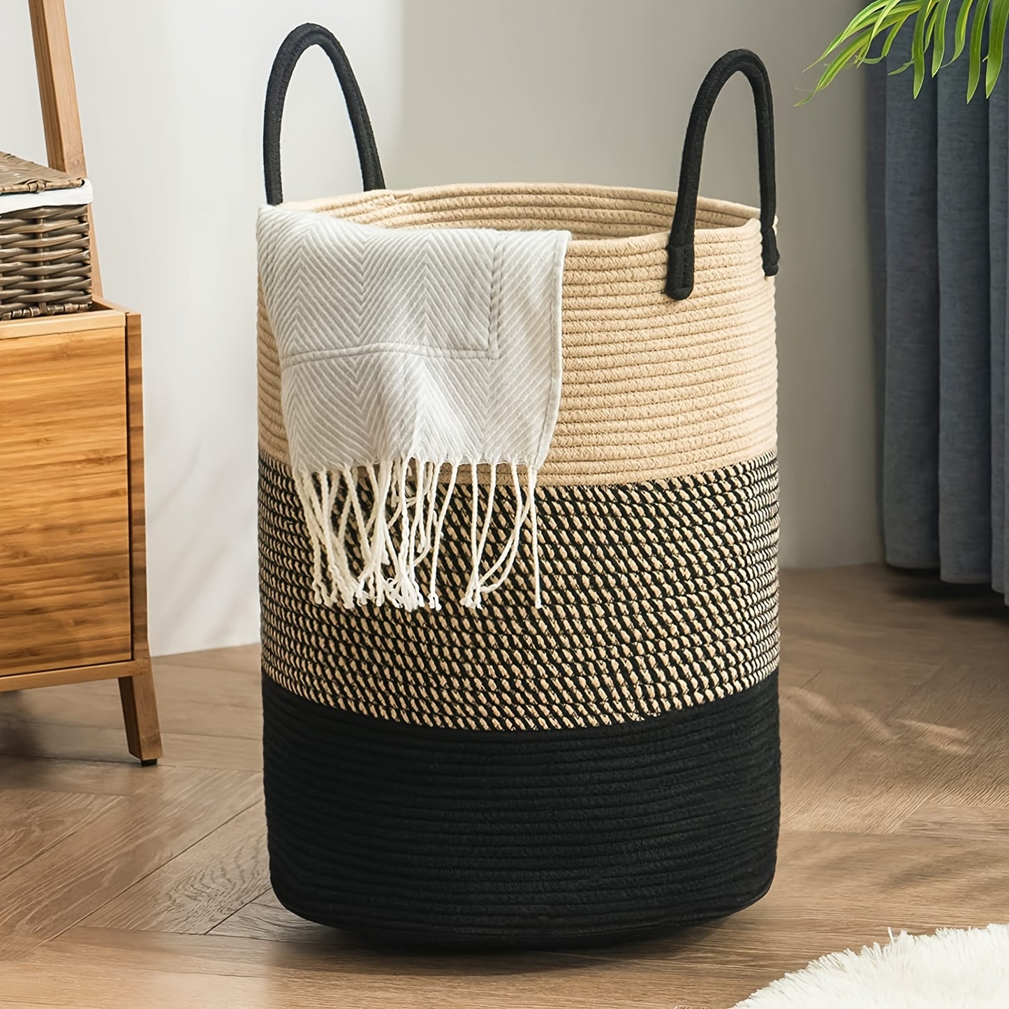 1pc Large Laundry Hamper Basket with Sturdy Handles - Extra Tall 38.1x50.8 cm, Heavy-Duty Storage Organizer with Open-Weave Design for Clothes,, Blankets - Modern Farmhouse Style in Black, Brown, Grey, Beige, White - Ideal fo