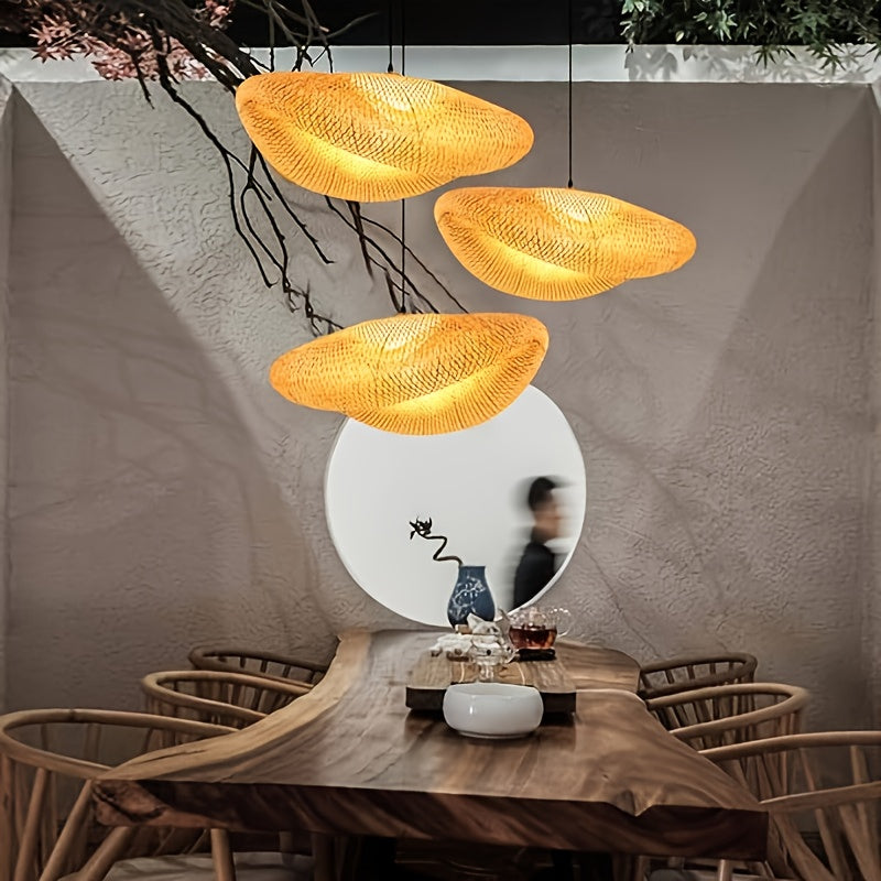 Hand-Woven Conch Bamboo Pendant Light Fixture - Modern Farmhouse Hanging Lamp with Polished Metal Frame, Semi-Flush Mount for Kitchen Island, Dining Room, Bar, Cafe, Living Room - High-Quality Natural Light, No Bulb Included,