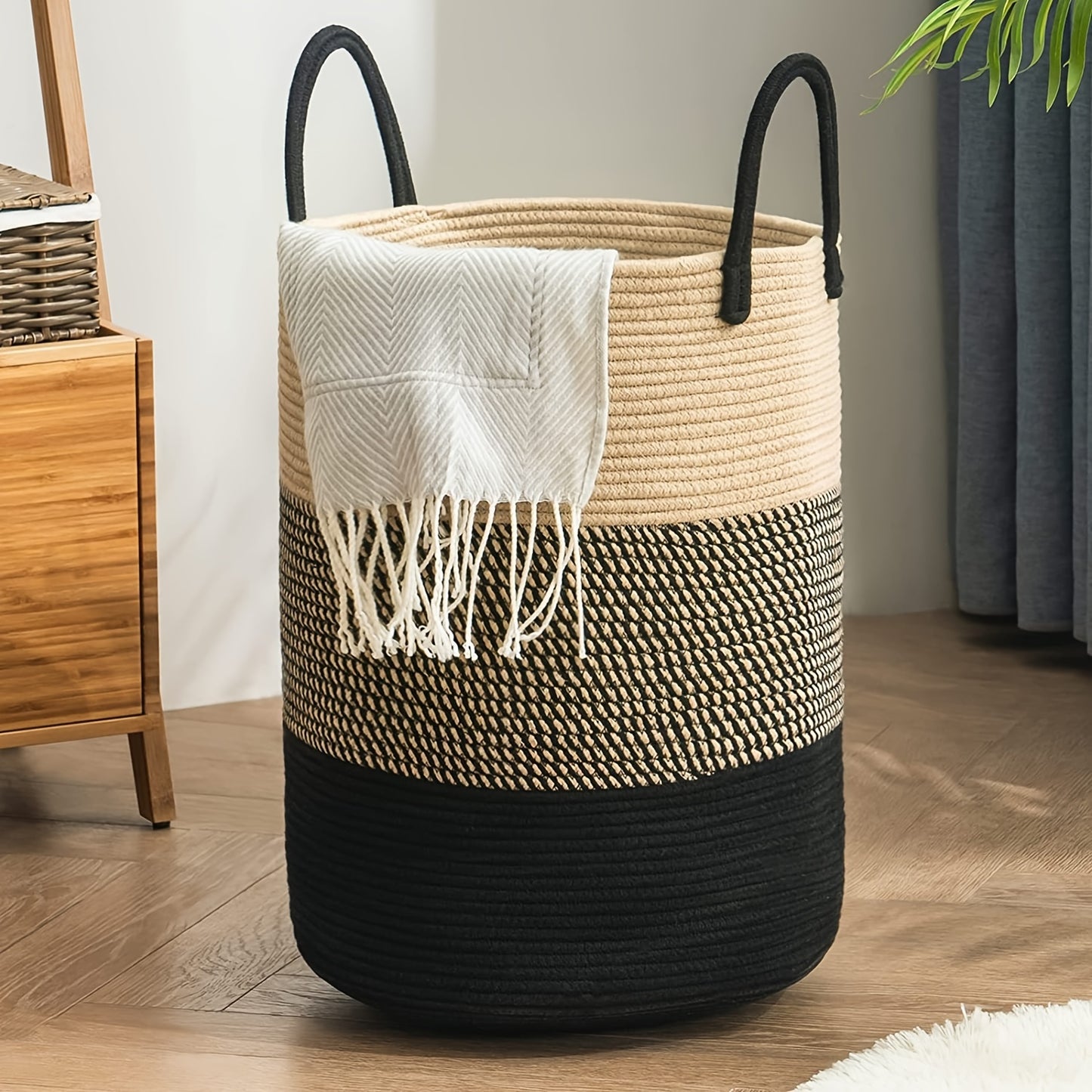 1pc Large Laundry Hamper Basket with Sturdy Handles - Extra Tall 38.1x50.8 cm, Heavy-Duty Storage Organizer with Open-Weave Design for Clothes,, Blankets - Modern Farmhouse Style in Black, Brown, Grey, Beige, White - Ideal fo