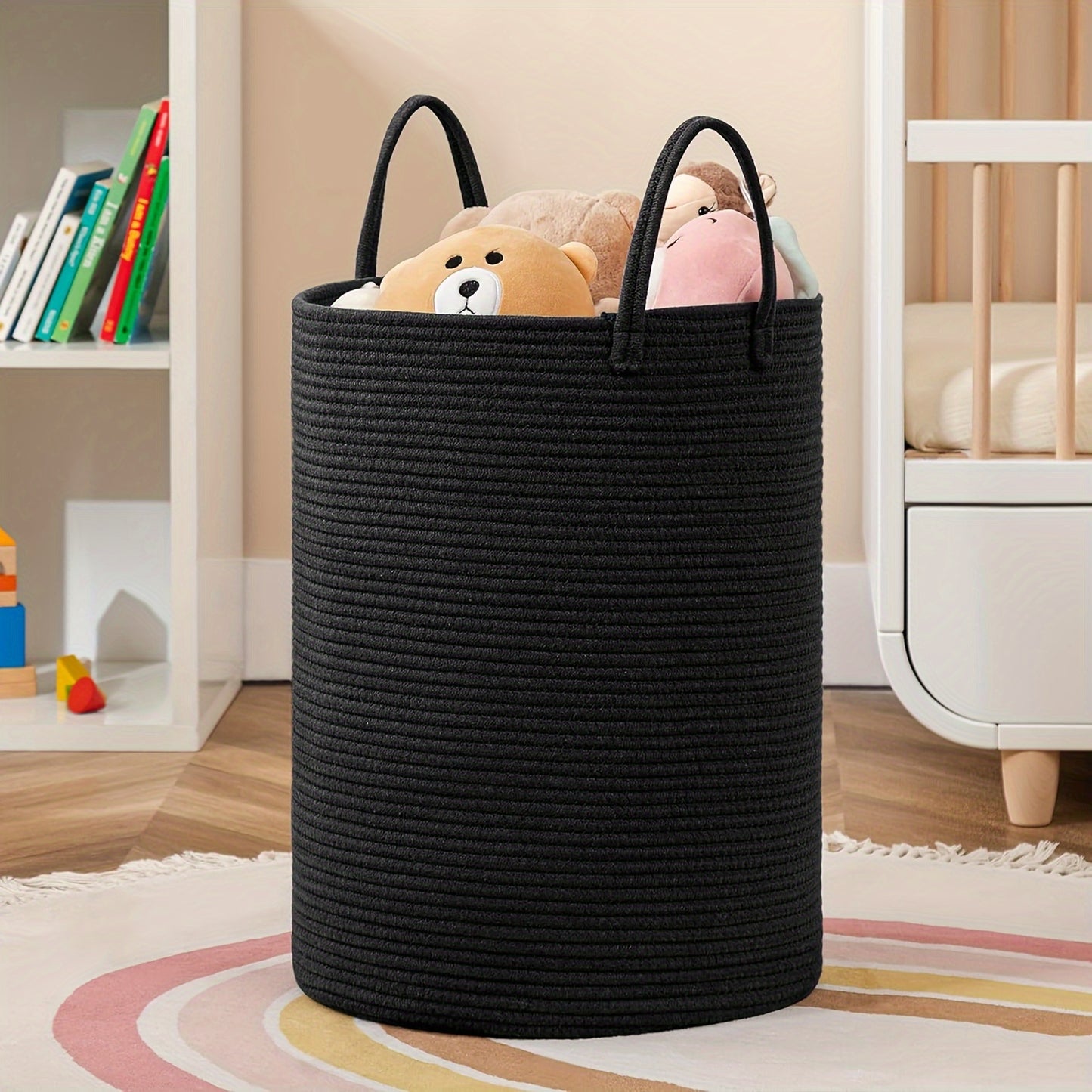 1pc Large Laundry Hamper Basket with Sturdy Handles - Extra Tall 38.1x50.8 cm, Heavy-Duty Storage Organizer with Open-Weave Design for Clothes,, Blankets - Modern Farmhouse Style in Black, Brown, Grey, Beige, White - Ideal fo