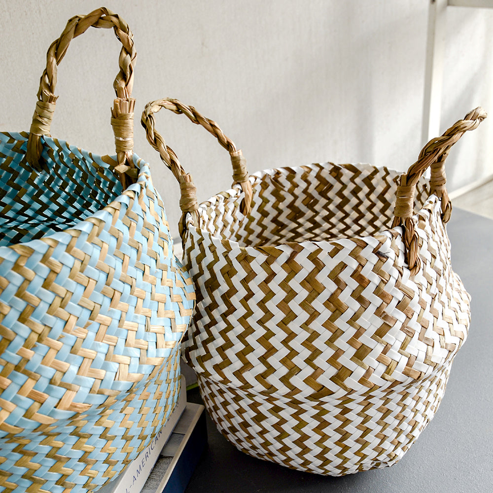 Cestino Vimini Boho a Righe Fatto a Mano - Portavaso Pieghevole e Cesto Biancheria Patchwork