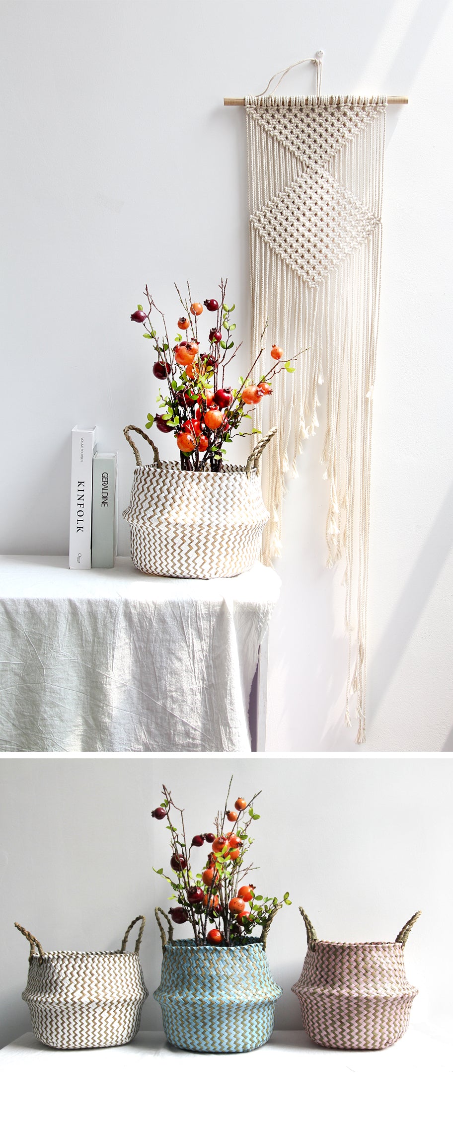 Cestino Vimini Boho a Righe Fatto a Mano - Portavaso Pieghevole e Cesto Biancheria Patchwork