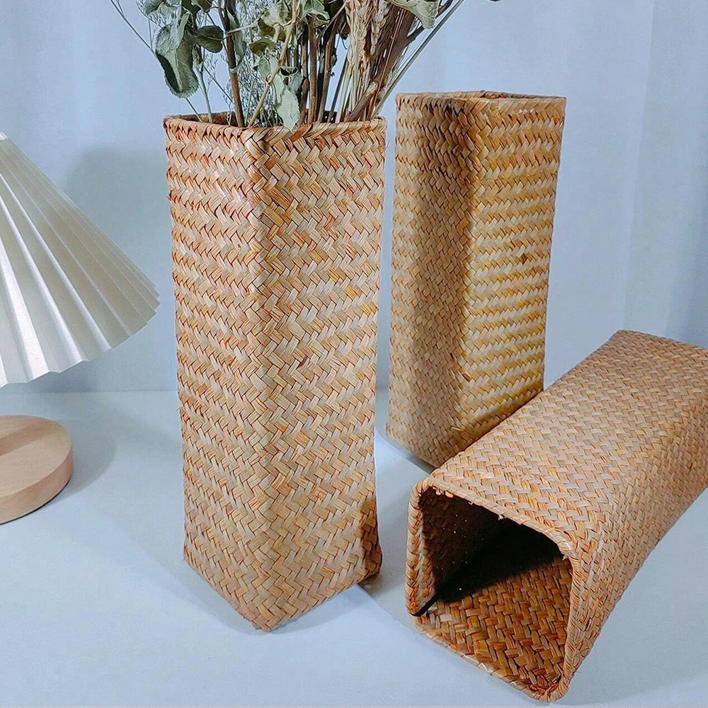 Vaso Portafiori Intrecciato Fatto a Mano - Cestino Decorativo per Fiori Secchi e Gypsophila