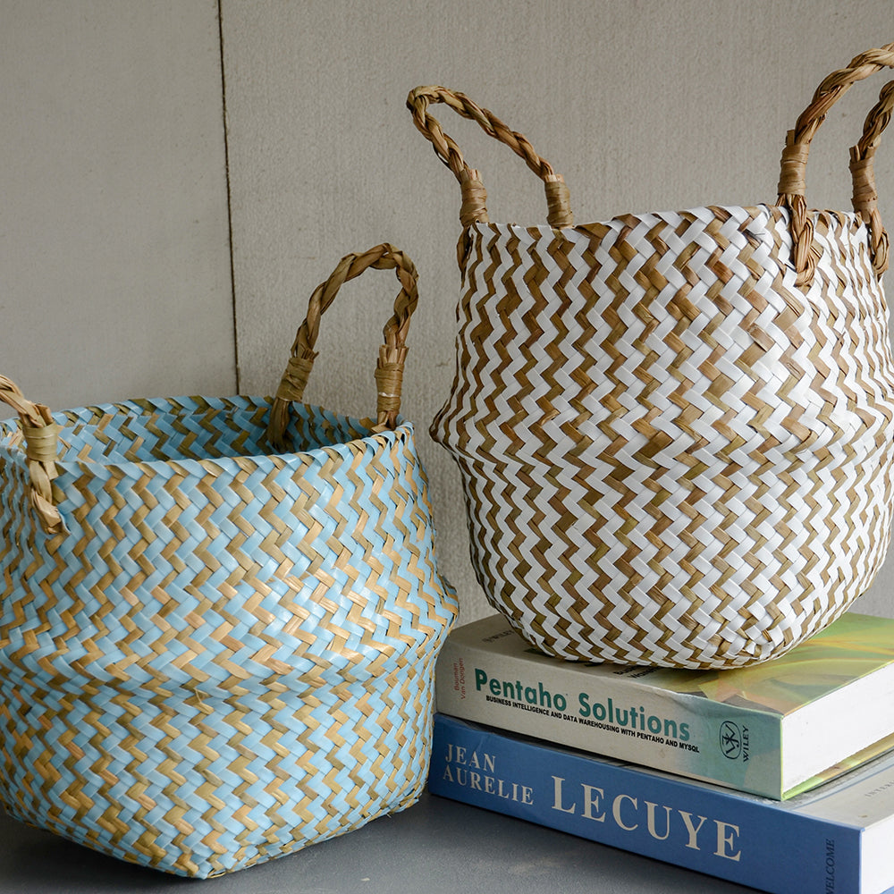 Cestino Vimini Boho a Righe Fatto a Mano - Portavaso Pieghevole e Cesto Biancheria Patchwork