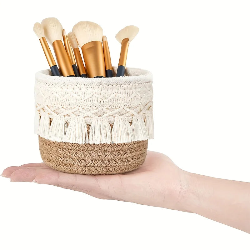 Portapennelli Trucco Boho Fatto a Mano - Cestino Intrecciato Bicolore con Nappa per Cosmetici