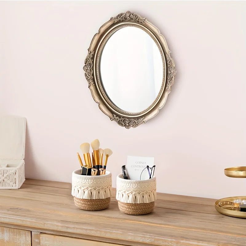 Portapennelli Trucco Boho Fatto a Mano - Cestino Intrecciato Bicolore con Nappa per Cosmetici