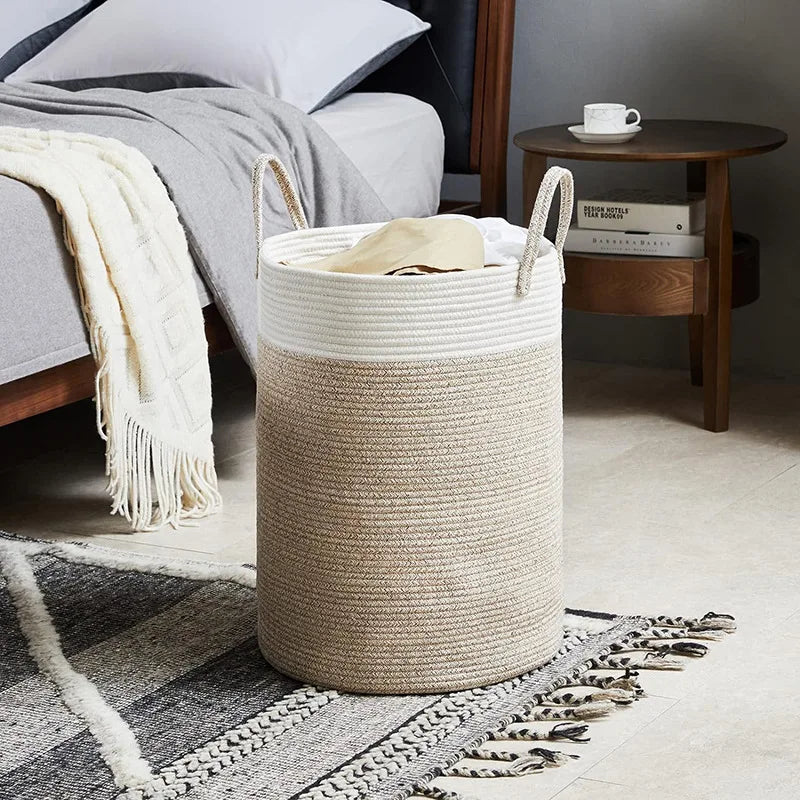 Large Woven Basket Rope Storage Baskets, Tall Cotton Basket, Laundry Basket for Blanket, Kids Toy, Nursery Clothes Hamper Basket