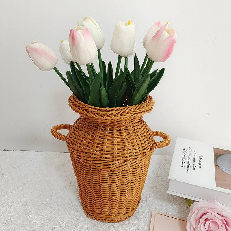 Cestino Portafiori in Rattan Intrecciato Stile Classico - Vaso Decorativo Lavabile per Casa