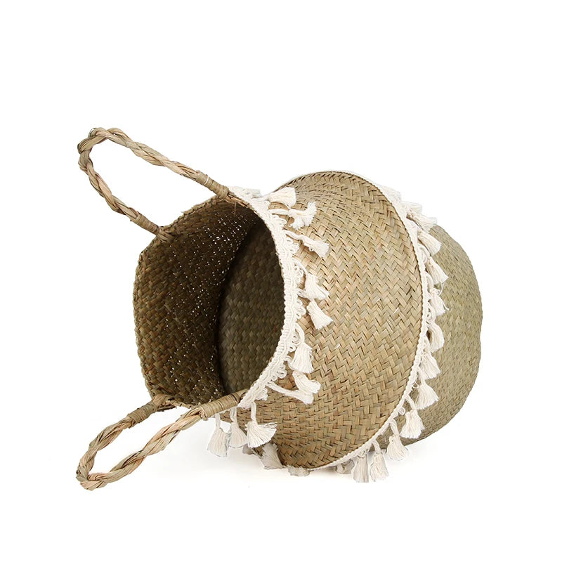 Cestino Vimini Boho Intrecciato a Mano con Manico - Portavaso Pieghevole Decorativo Stile Rattan
