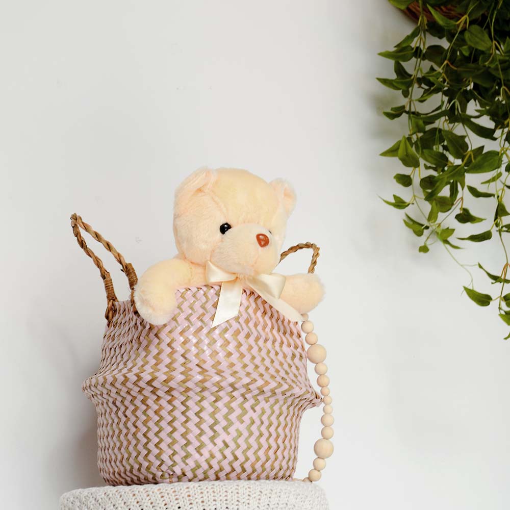 Cestino Vimini Boho a Righe Fatto a Mano - Portavaso Pieghevole e Cesto Biancheria Patchwork