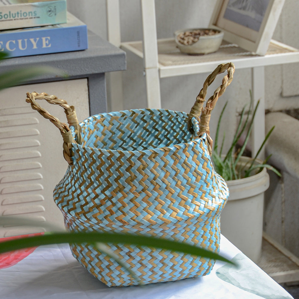 Cestino Vimini Boho a Righe Fatto a Mano - Portavaso Pieghevole e Cesto Biancheria Patchwork