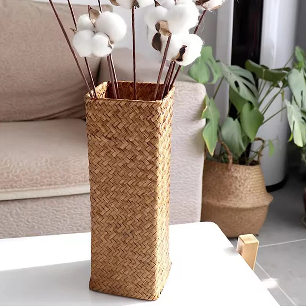 Vaso Portafiori Intrecciato Fatto a Mano - Cestino Decorativo per Fiori Secchi e Gypsophila