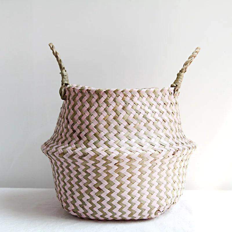Cestino Vimini Boho a Righe Fatto a Mano - Portavaso Pieghevole e Cesto Biancheria Patchwork