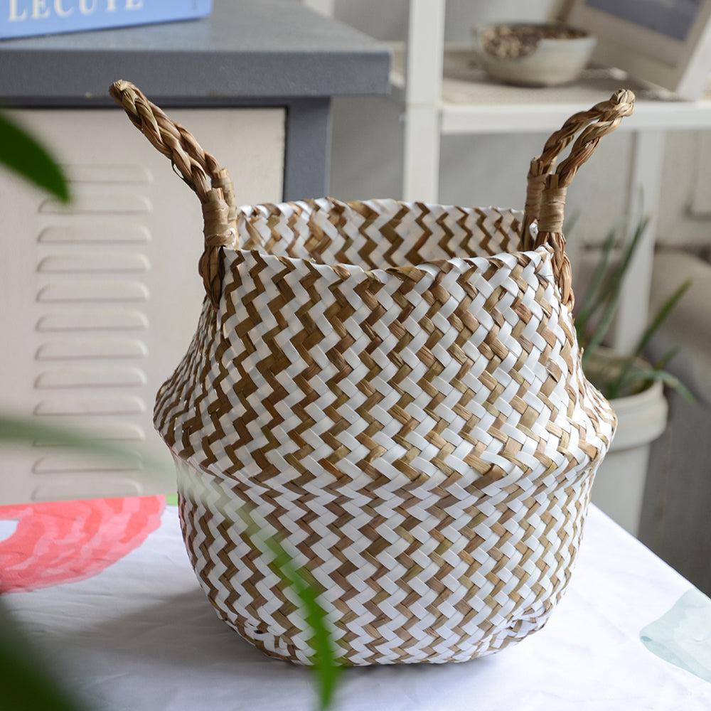 Cestino Vimini Boho a Righe Fatto a Mano - Portavaso Pieghevole e Cesto Biancheria Patchwork