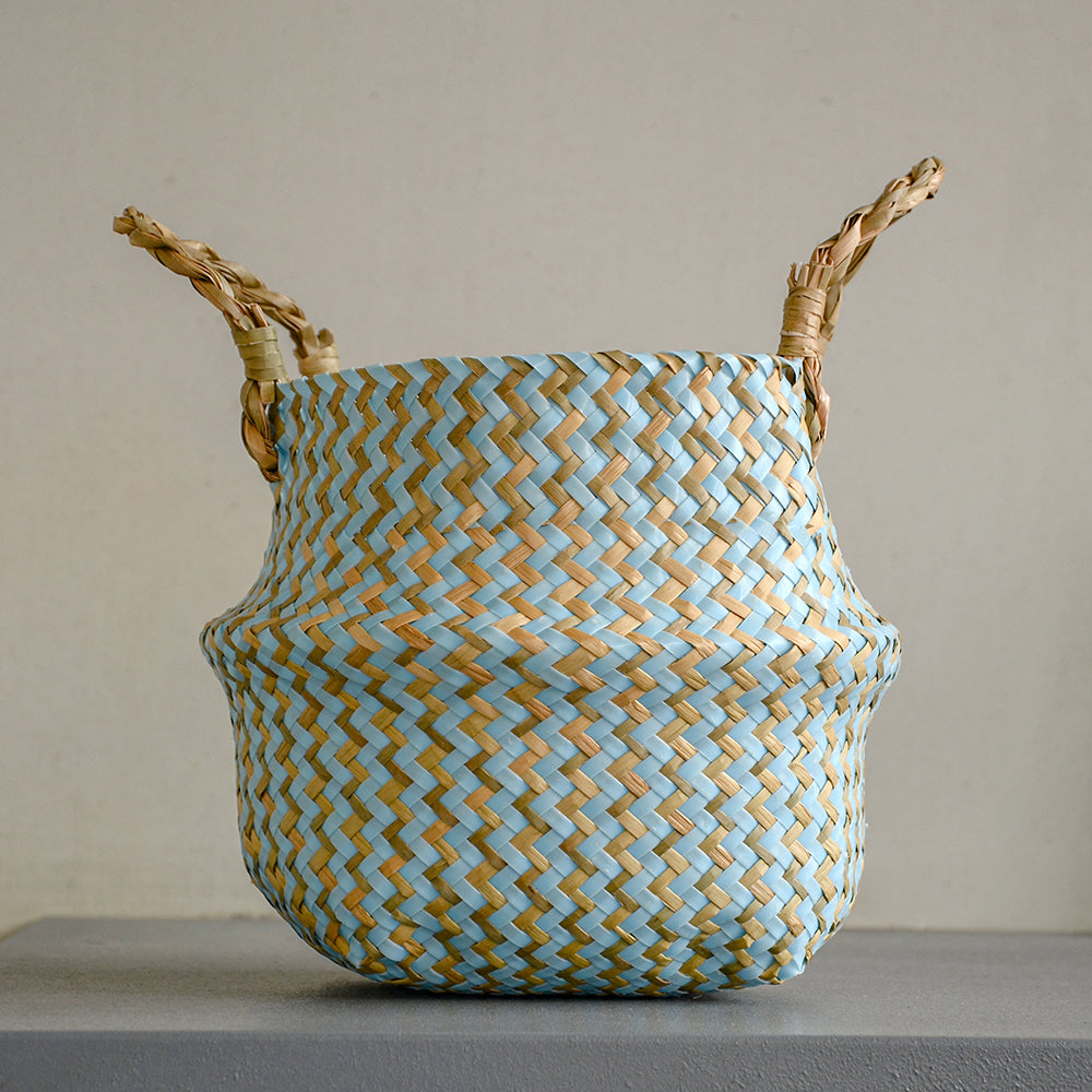 Cestino Vimini Boho a Righe Fatto a Mano - Portavaso Pieghevole e Cesto Biancheria Patchwork