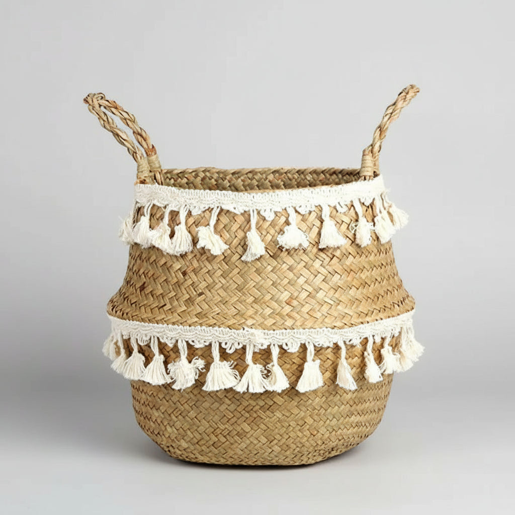Cestino Vimini Boho Intrecciato a Mano con Manico - Portavaso Pieghevole Decorativo Stile Rattan