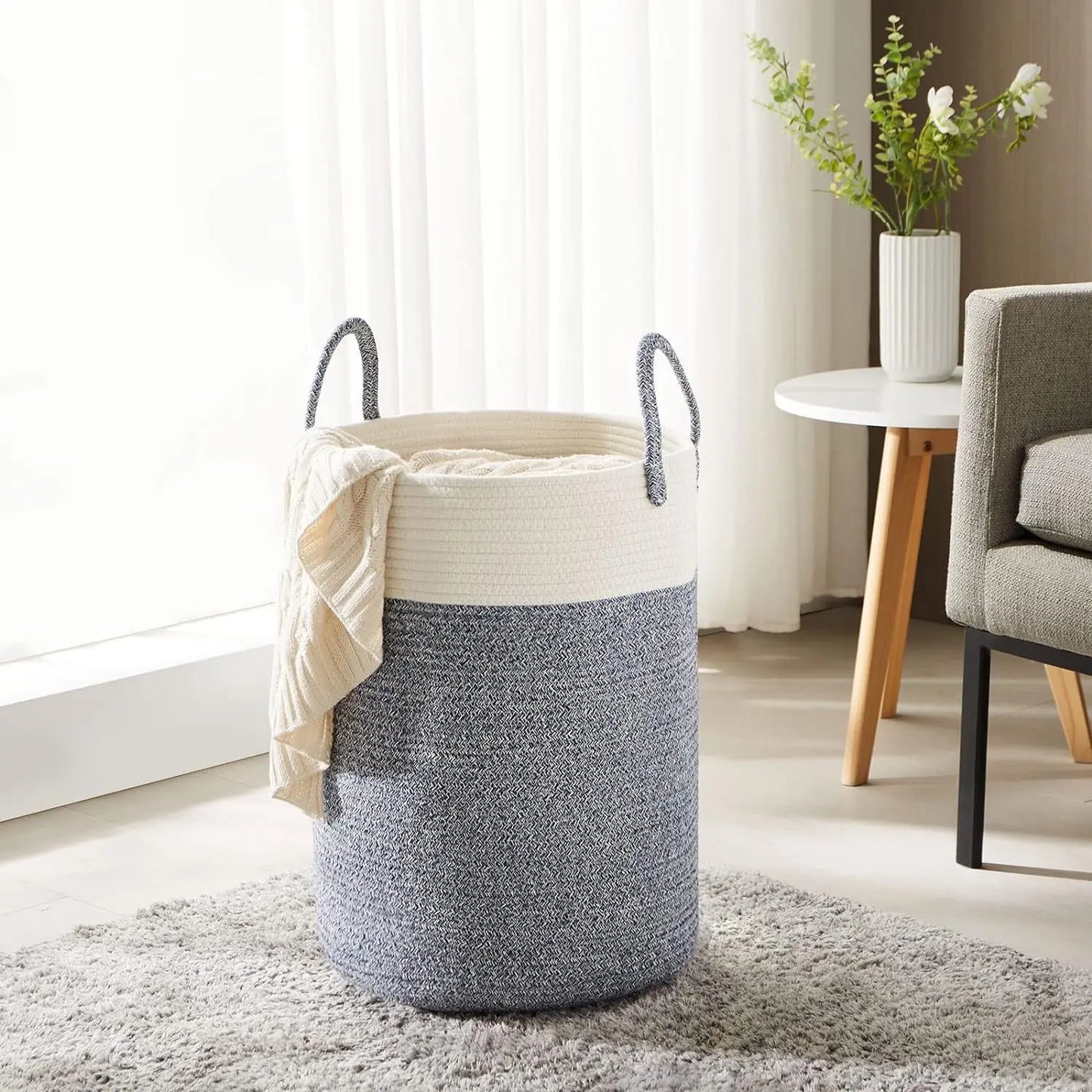 Large Woven Basket Rope Storage Baskets, Tall Cotton Basket, Laundry Basket for Blanket, Kids Toy, Nursery Clothes Hamper Basket