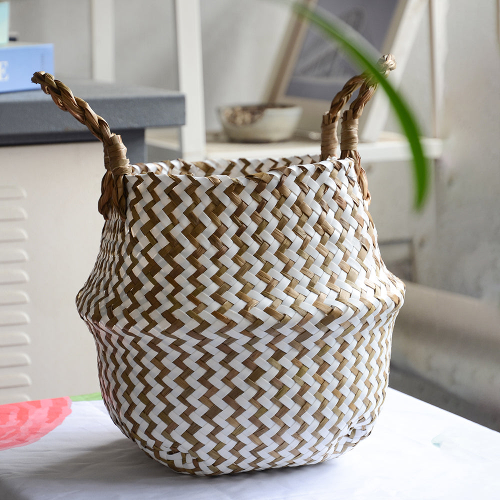 Cestino Vimini Boho a Righe Fatto a Mano - Portavaso Pieghevole e Cesto Biancheria Patchwork