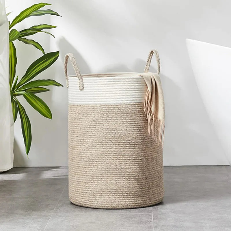Large Woven Basket Rope Storage Baskets, Tall Cotton Basket, Laundry Basket for Blanket, Kids Toy, Nursery Clothes Hamper Basket