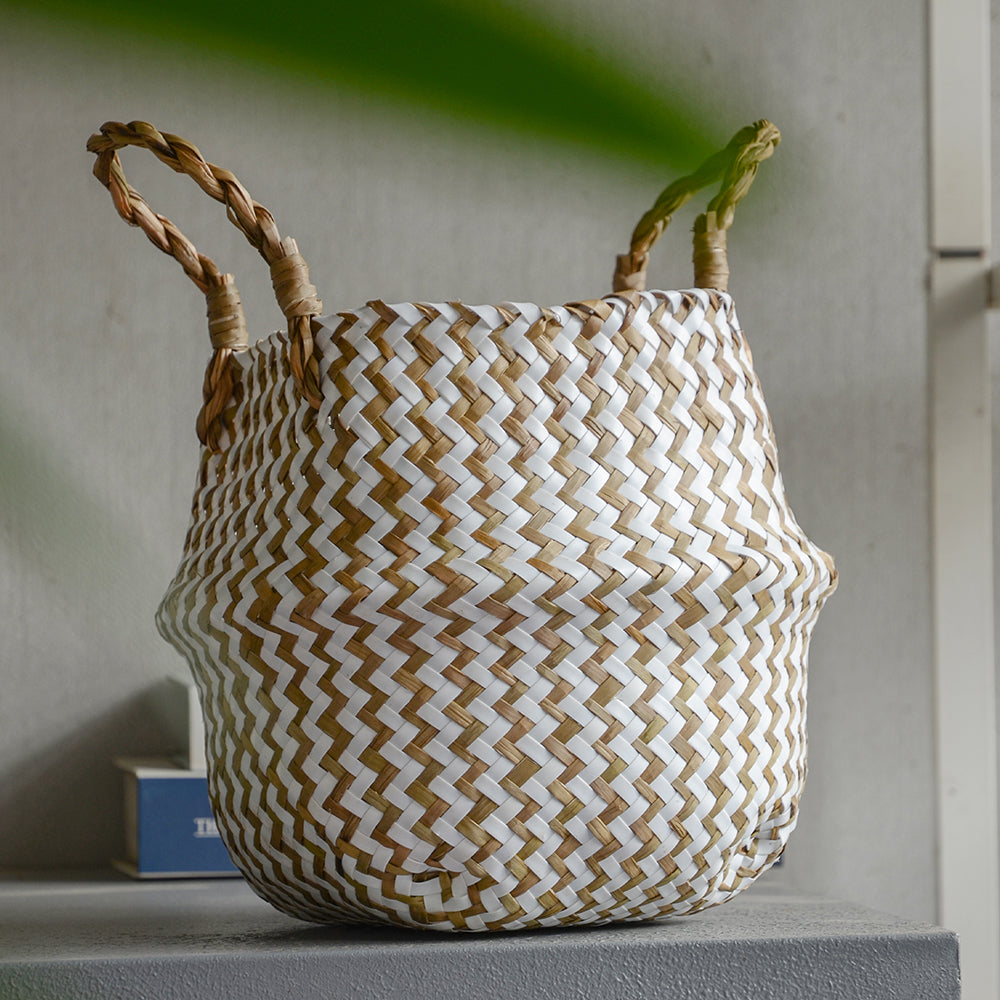 Cestino Vimini Boho a Righe Fatto a Mano - Portavaso Pieghevole e Cesto Biancheria Patchwork