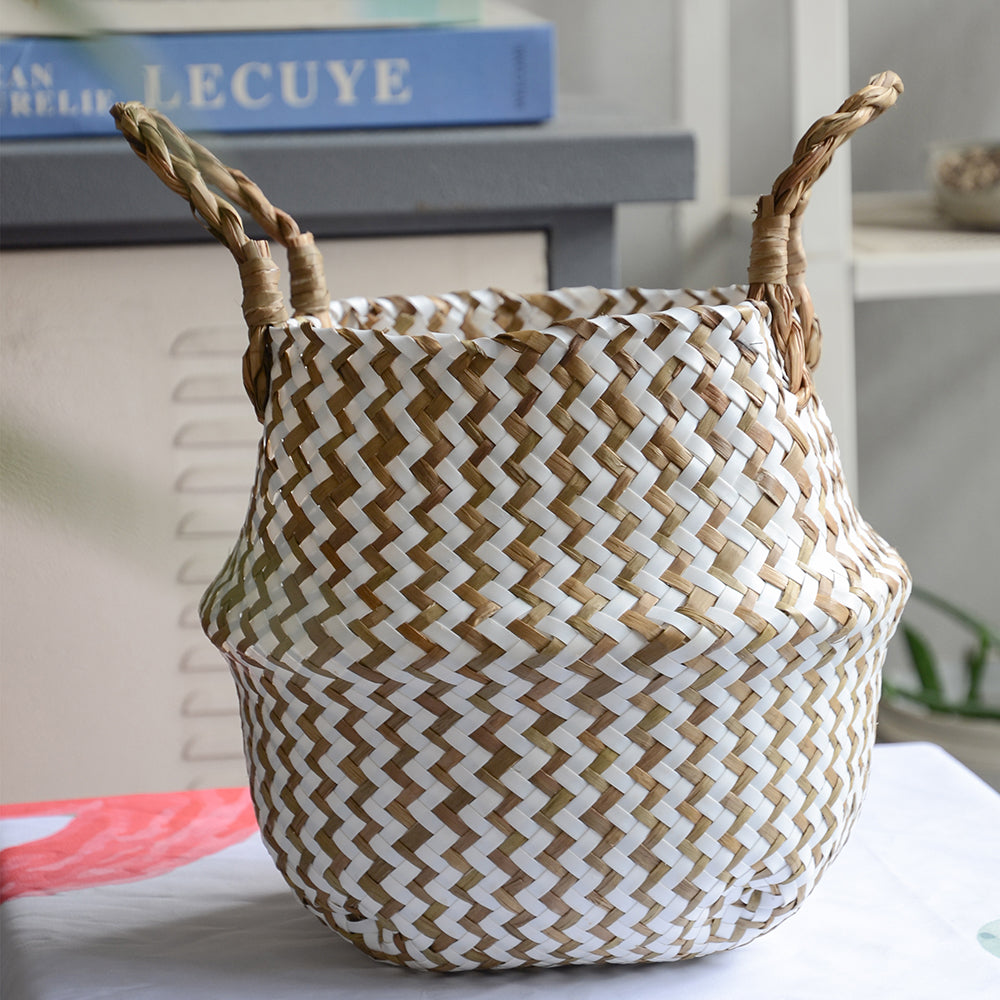 Cestino Vimini Boho a Righe Fatto a Mano - Portavaso Pieghevole e Cesto Biancheria Patchwork