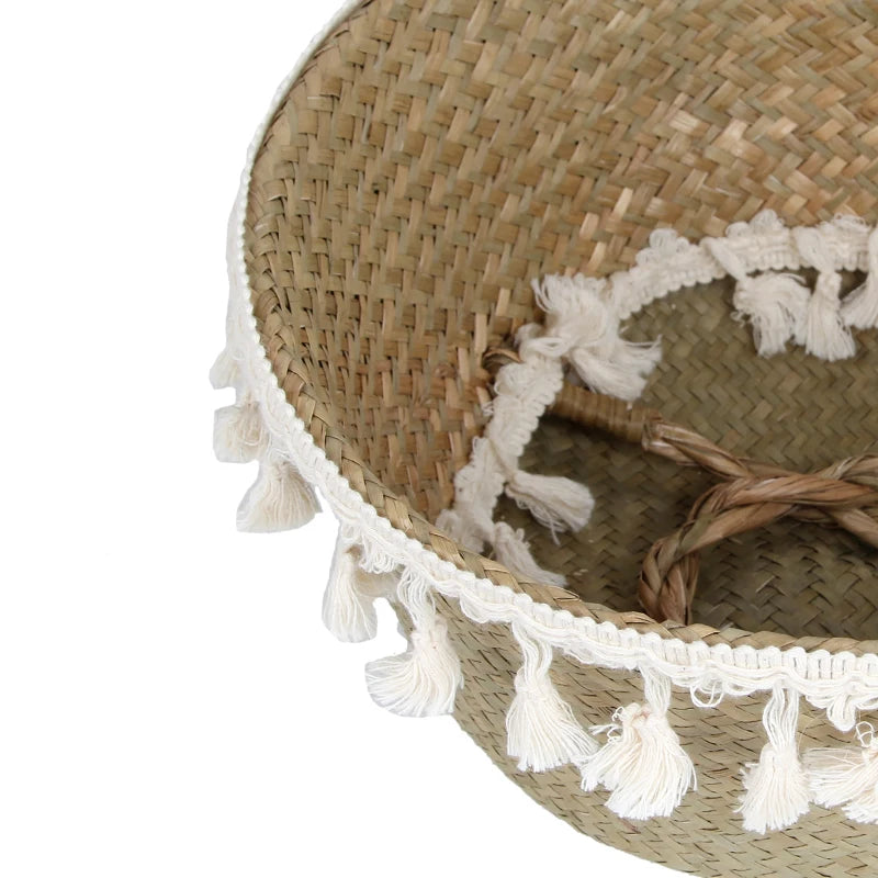 Cestino Vimini Boho Intrecciato a Mano con Manico - Portavaso Pieghevole Decorativo Stile Rattan