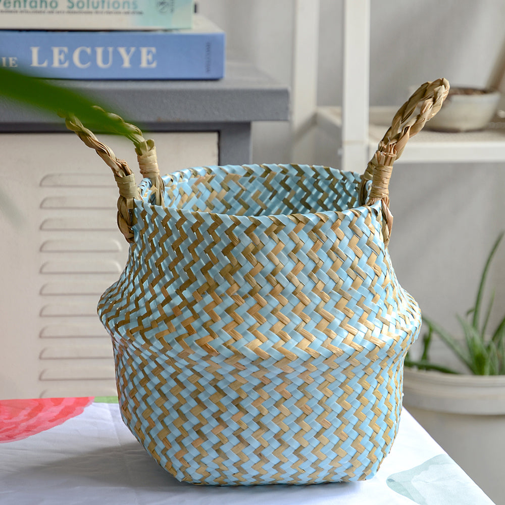 Cestino Vimini Boho a Righe Fatto a Mano - Portavaso Pieghevole e Cesto Biancheria Patchwork