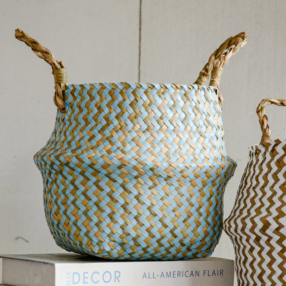 Cestino Vimini Boho a Righe Fatto a Mano - Portavaso Pieghevole e Cesto Biancheria Patchwork