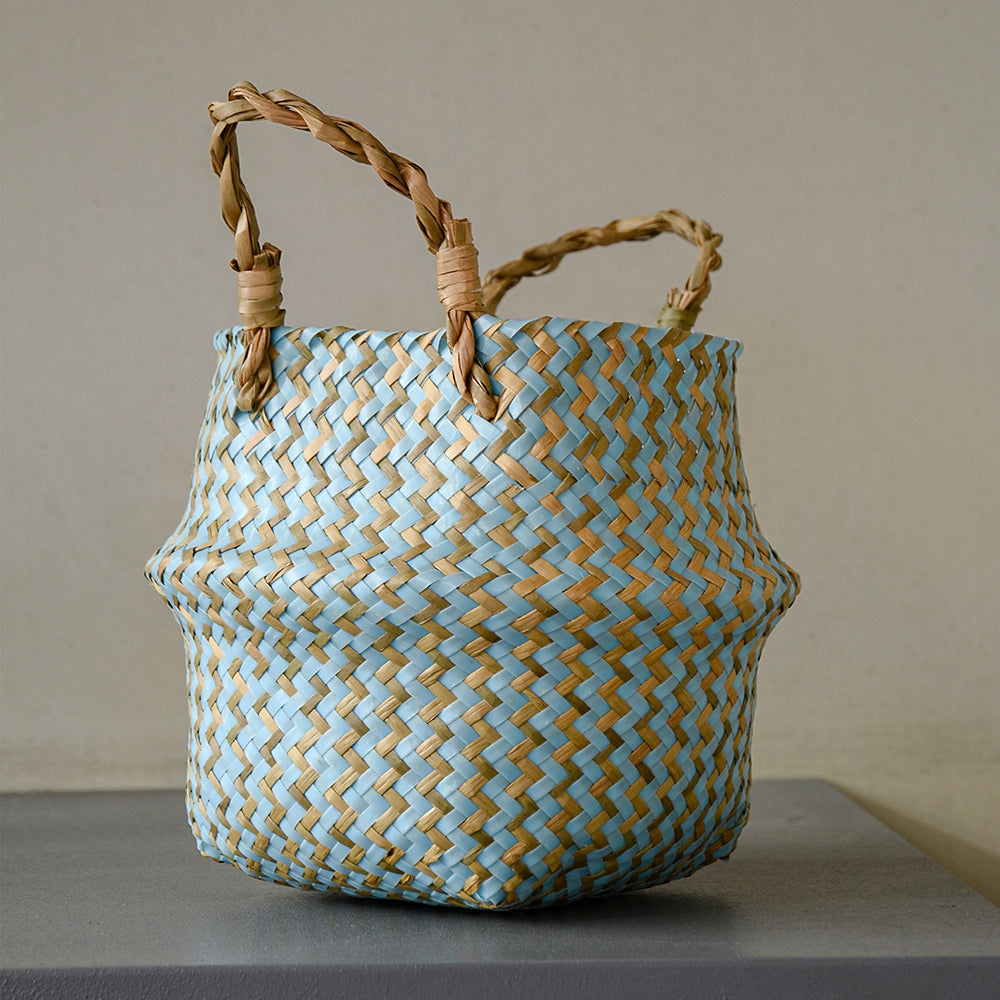 Cestino Vimini Boho a Righe Fatto a Mano - Portavaso Pieghevole e Cesto Biancheria Patchwork