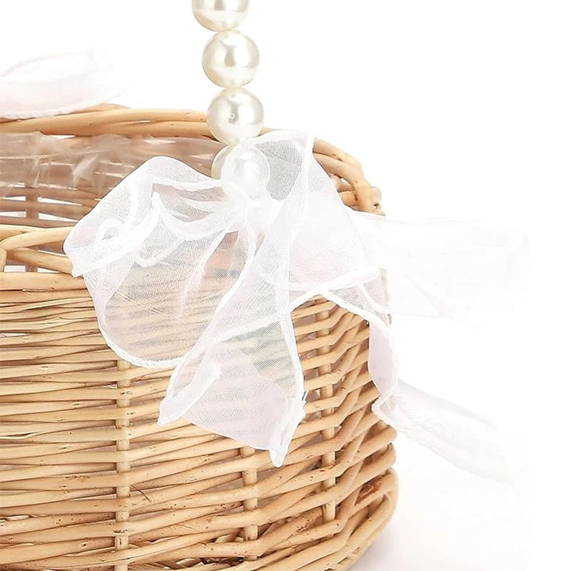 Cestino Vimini Intrecciato a Mano con Manico di Perle - Cestino Pasquale e Matrimonio con Fiocco
