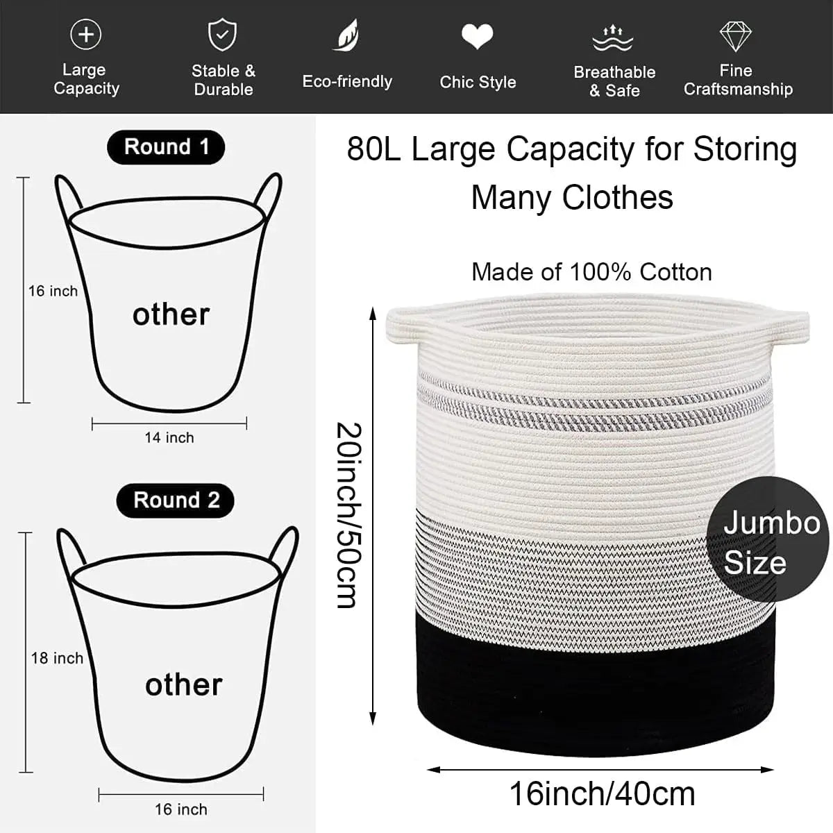 80L Laundry Baskets Hamper with Handles,Decorative Basket for Living room,Woven Storage Basket for Toys Bin,Pillows, Clothes