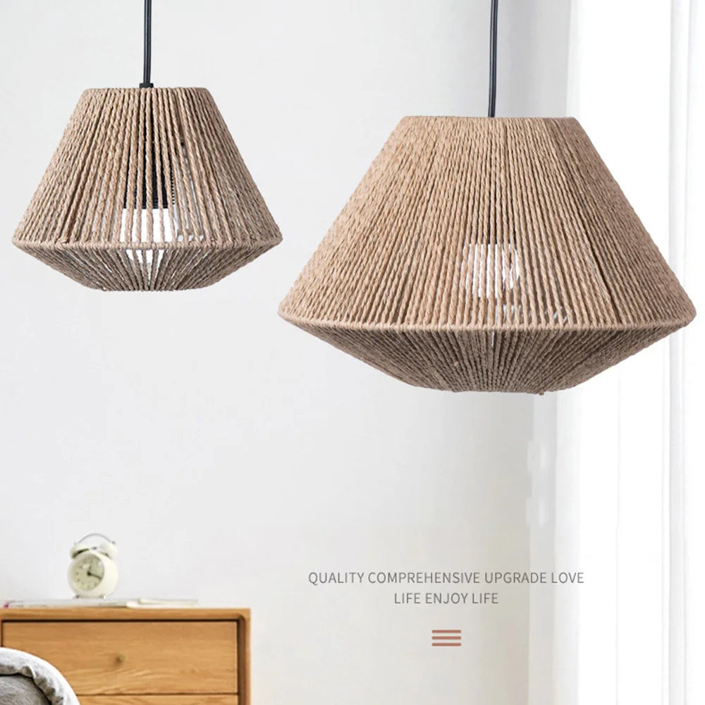1pc Rattan Lamp Geometric Shade Light Cover Chandelier Hanging Wicker Woven Fixture Rustic Decorative Weave Basket