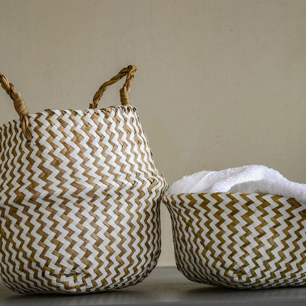 Cestino Vimini Boho a Righe Fatto a Mano - Portavaso Pieghevole e Cesto Biancheria Patchwork
