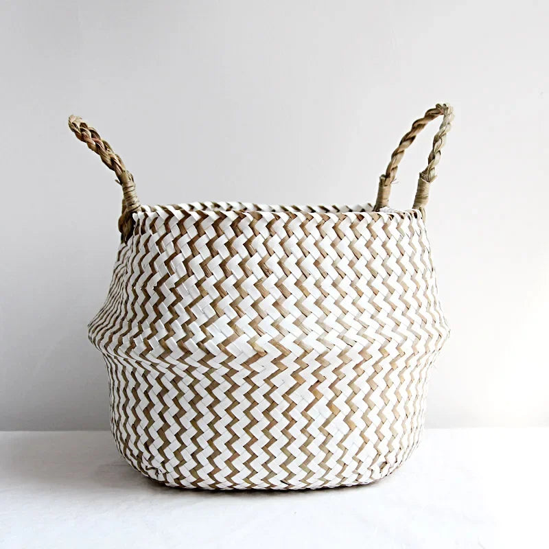 Cestino Vimini Boho a Righe Fatto a Mano - Portavaso Pieghevole e Cesto Biancheria Patchwork