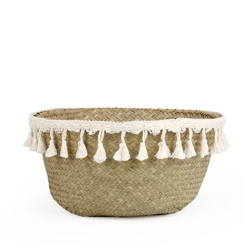 Cestino Vimini Boho Intrecciato a Mano con Manico - Portavaso Pieghevole Decorativo Stile Rattan