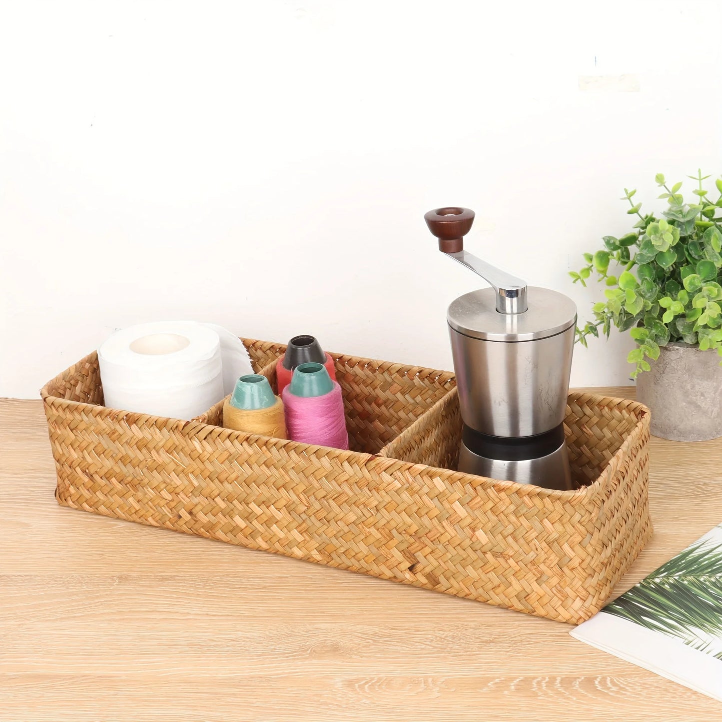 Cestino Portaoggetti in Vimini 3 Scomparti - Organizer Bagno per Carta Igienica e Accessori