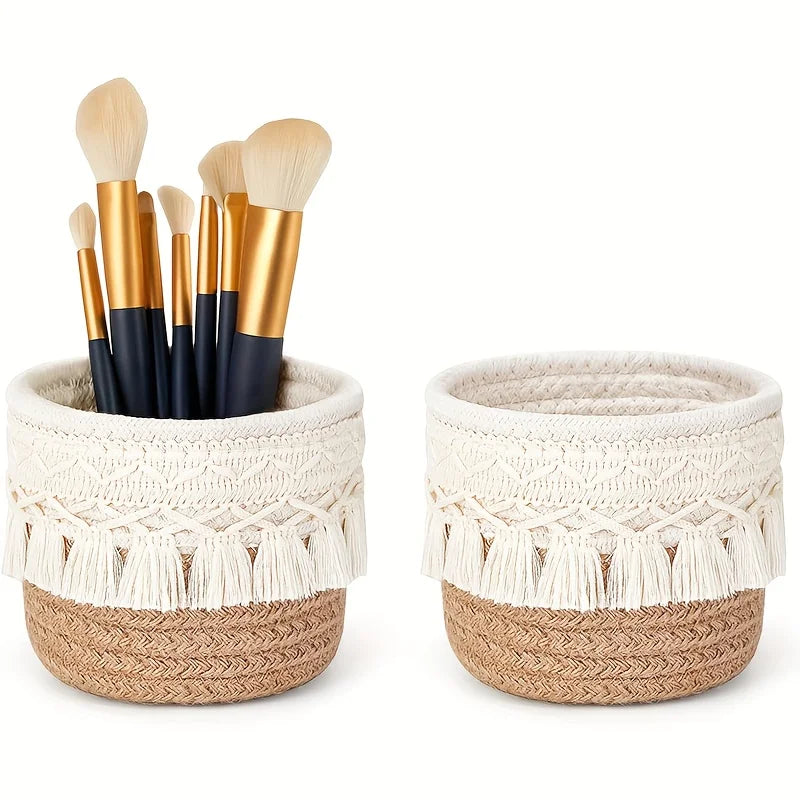 Portapennelli Trucco Boho Fatto a Mano - Cestino Intrecciato Bicolore con Nappa per Cosmetici