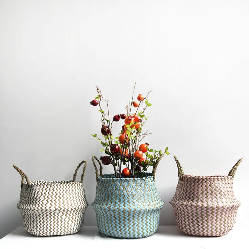 Cestino Vimini Boho a Righe Fatto a Mano - Portavaso Pieghevole e Cesto Biancheria Patchwork
